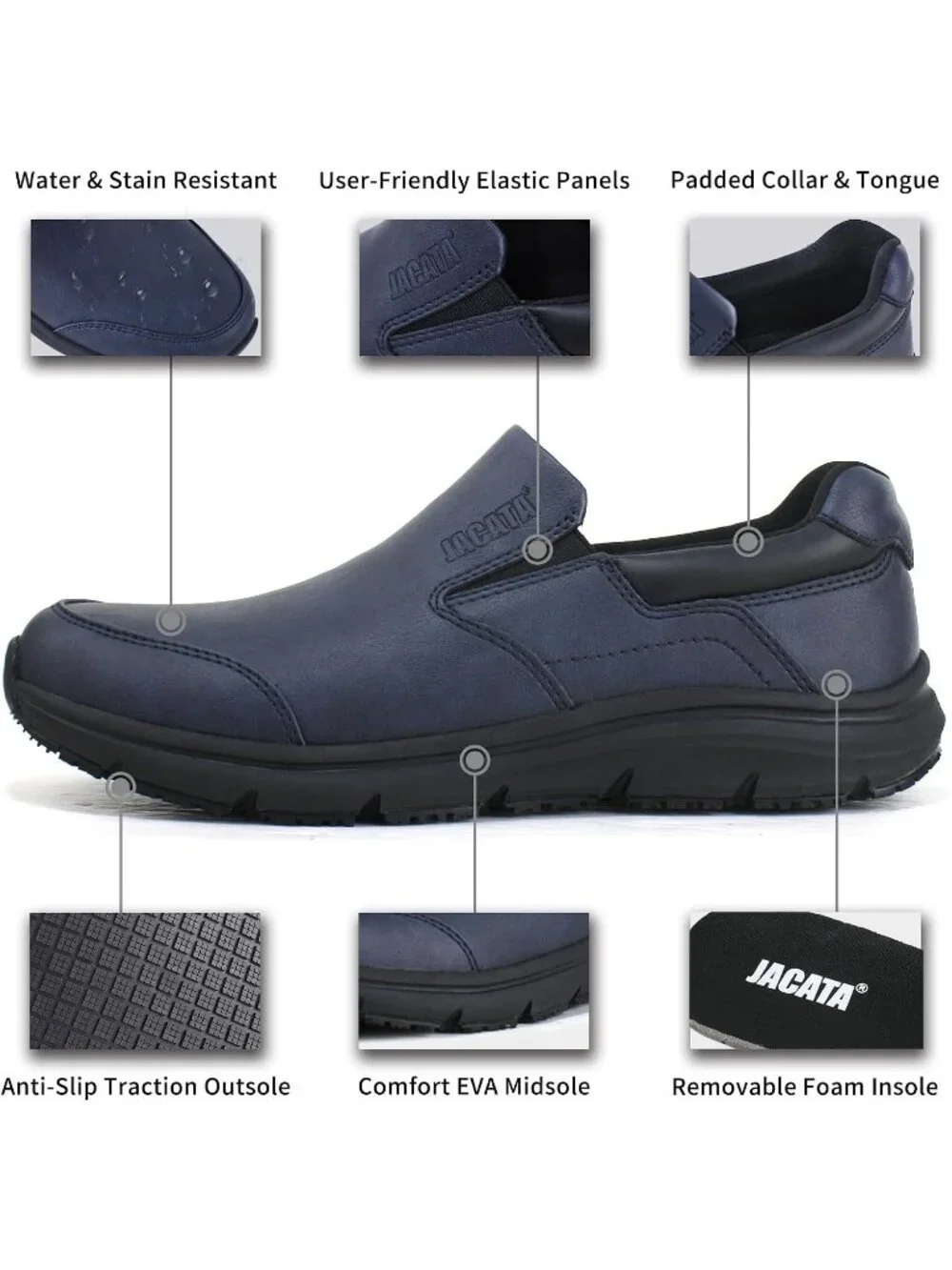 Jacata Men's Blue Faux Leather Slip On Water Resistant Non Slip Walk Sneakers